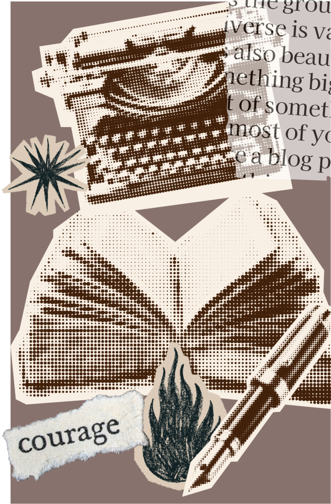 Vintage media: typewriter, books, pen, and doodles